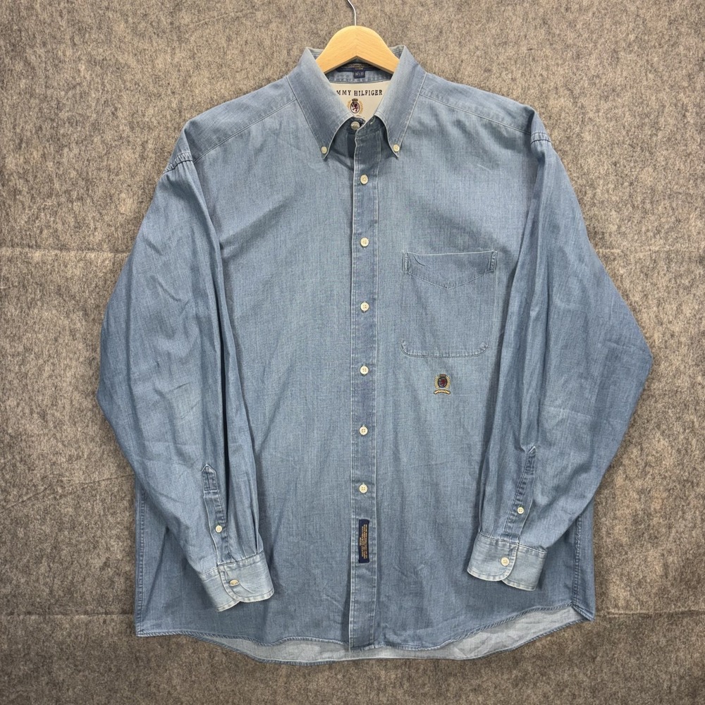 Vintage Tommy Hilfiger Button Down Denim Shirt Men's 16.5x35 Crest Logo Blue 90s